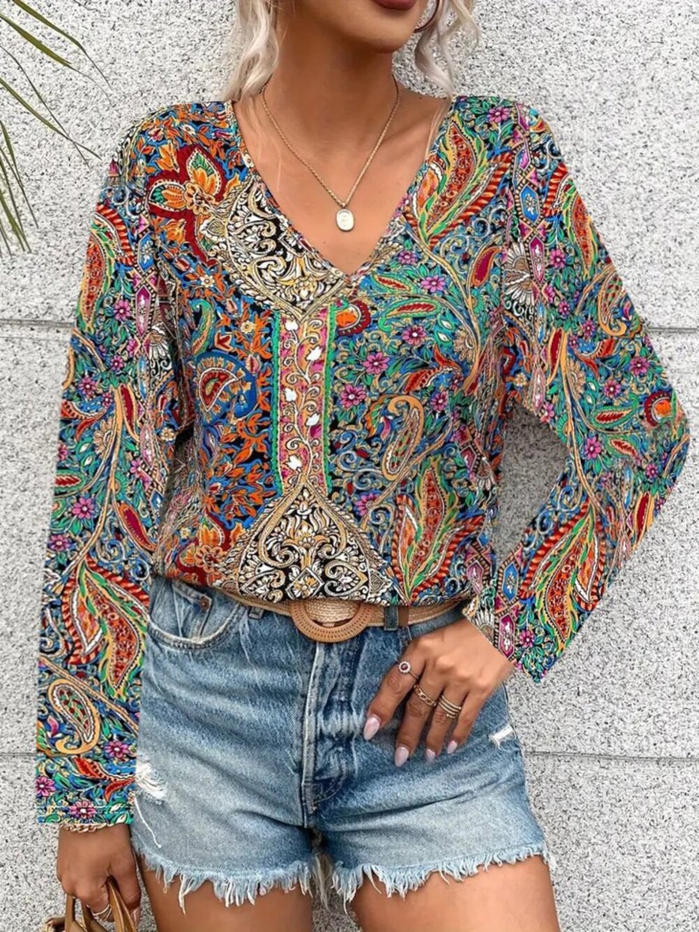 Green Paisley Print Long Sleeve Blouse NWT